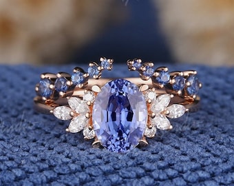 Unique Oval Cornflower Sapphire Engagement Ring Set Women Rose Gold Vintage Wedding Ring set  Sapphire Open Wedding Band Anniversar Gift