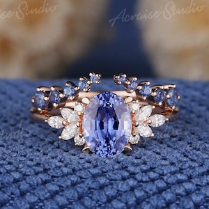 Unique Oval Cornflower Sapphire Engagement Ring Set Women Rose Gold Vintage Wedding Ring set  Sapphire Open Wedding Band Anniversar Gift