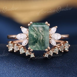 Emerald Cut Moss Agate Engagement Ring Set Rose Gold Moissanite Cluster Wedding Ring Set Green Moss Agate Jewelry Anniversary Gift For Mom