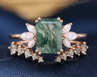 Emerald Cut Moss Agate Engagement Ring Set Rose Gold Moissanite Cluster Wedding Ring Set Green Moss Agate Jewelry Anniversary Gift For Her