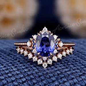 Vintage Oval Cut Royal Blue Sapphire Engagement Ring Set Rose Gold Sapphire Wedding Ring Set Diamond Curved Wedding Band Anniversary Gift