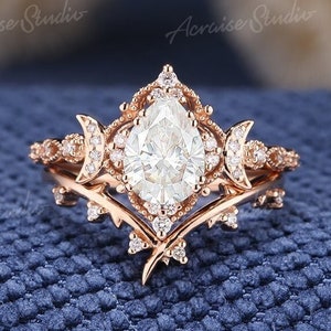Vintage Moissanite Engagement Ring Set Moon Ring Gold Diamond Wedding Ring Set For Women Promise Anniversary Gift For Her Handmade Jewelry