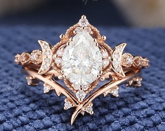 Vintage Moissanite Engagement Ring Set Moon Ring Gold Diamond Wedding Ring Set For Women Promise Anniversary Gift For Her Handmade Jewelry