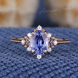 Vintage Oval Cut Sapphire Engagement Ring Rose Gold Cornflower Sapphire Wedding Ring Moon Ring Diamond Moissanite Cluster Rings For Women