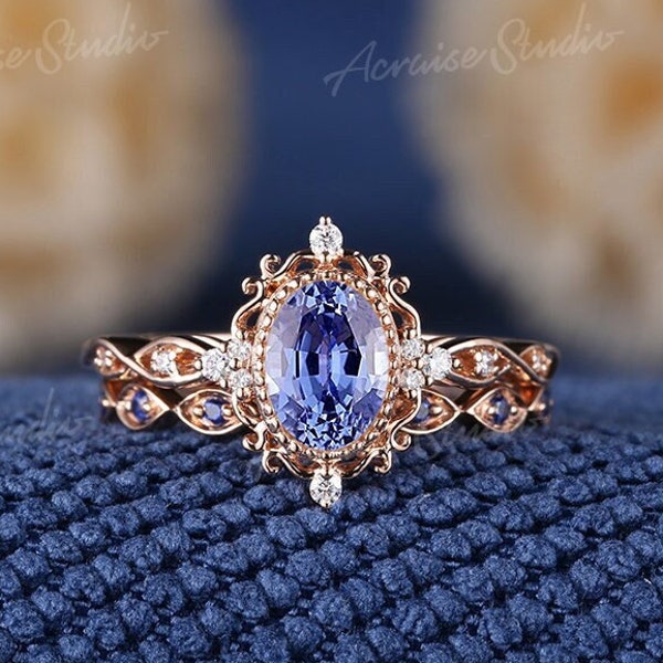 Vintage Cornflower Sapphire Wedding Ring Set Women Rose Gold Diamond Cluster Engagement Ring Unique Sapphire Wedding Band Anniversary Gift
