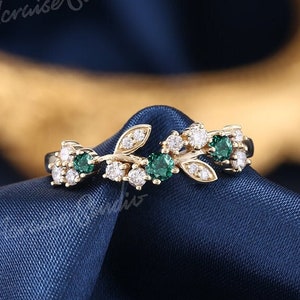 Vintage Emerald Engagement Ring  Leaf Vine Diamond Wedding Bands Women May Birthstone Ring Emerald Jewelry Personalized Gift For Mom