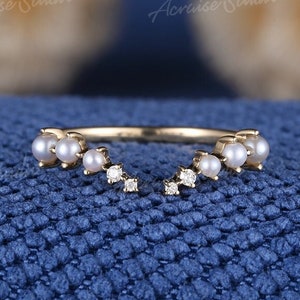 Vintage Pearl Wedding Band Solid Gold Diamond Stackable Matching Rings For Women Custom Ring Promsie Anniversary Gift For Her Pearl Jewelry