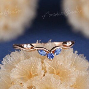 Vintage Sapphire Curved Wedding band Women Rose gold Diamond Rings Moissanite Stacking Band Stacking Matching Band Anniversary Gift For Her