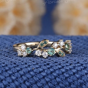 Unique Green Sapphire Engagement Ring Women Sapphire Ring Floral Engagement Ring Wedding Ring Diamond Leaf Ring Vintage Anniversary Gift