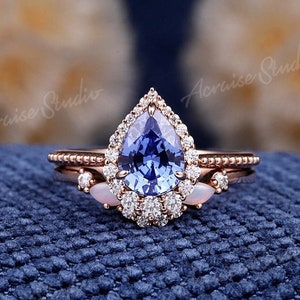 Unique Cornflower Sapphire Engagement Ring Set Rose Gold Pear Shaped Wedding Rings 2pcs Moissanite Halo Ring Opal Wedding Band Promise Gift