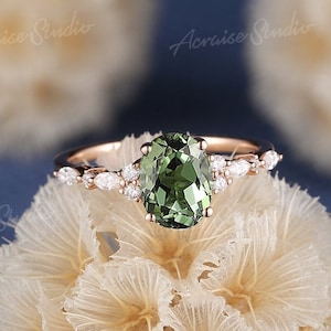 1.5CT Oval Green Sapphire Engagement Ring 14K Rose Gold Diamond Cluster Wedding Ring Vintage Bridal Rings For Women Promise Mothers Day Gift