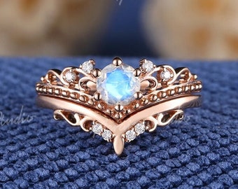Natural Moonstone Engagement Ring Crown Moonstone Ring Set Rose Gold Art Deco Moissanite Curved Stacking Band Anniversary Gift Bridal Sets