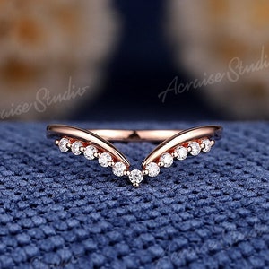 Vintage Moissanite Wedding Band Curved Wedding Band Women Rose gold diamond Ring V Shaped Chevron Band Stacking Matching Band Gift for Her