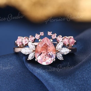 Pear Peach Sapphire Engagement Ring Set Women Rose Gold Papalacha Sapphire Wedding Ring Unique Pink Sapphire Wedding Band Rings For Women
