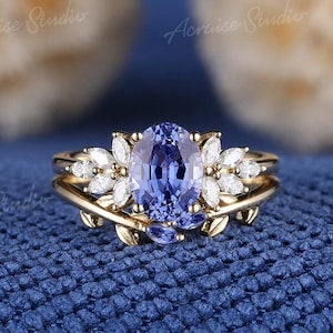 Unique Oval Cornflower Sapphire Engagement Ring Set Vintage Yellow Gold Marquise Sapphire Curved Wedding Band Anniversary Rings For Women