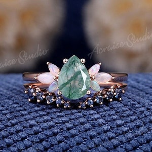 Unique Moss Agate Engagement Ring Set Rose Gold Pear Cut Moss Agate Bridal Set Women Sapphire Wedding Rings Marquise Opal Cluster Ring