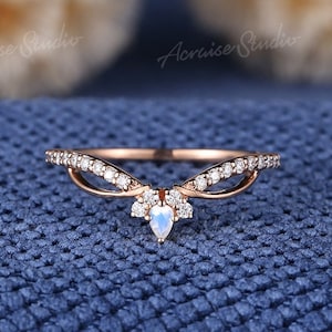 Unique Moonstone Wedding Band Diamond Curved Wedding Band Rose Gold Aquamarine Diasmond Stacking Matching Custom Anniversary Rings for Women