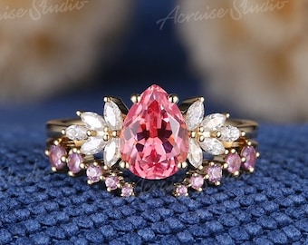 Pear Shaped Peach Sapphire Engagement Ring Set Women Rose Gold
