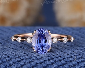 1.5ct Oval Sapphire Engagement Ring Rose Gold Cornflower Sapphire Wedding Ring Diamond Cluster Promise Ring Women Custom Anniversary Gift