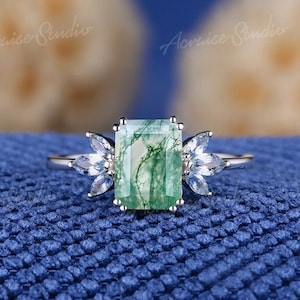 Unique Emerald Cut Moss Agate Engagement Ring Marquise Cut Aquamarine Cluster Wedding Ring 14k White Gold Custom Anniversary Rings For Women