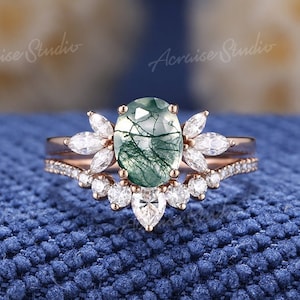 Vintage Moss Agate Engagement Ring Set Oval Cut Wedding Rings Women Rose Gold Marquise Moissanite Cluster Ring Promise Anniverdary Gift