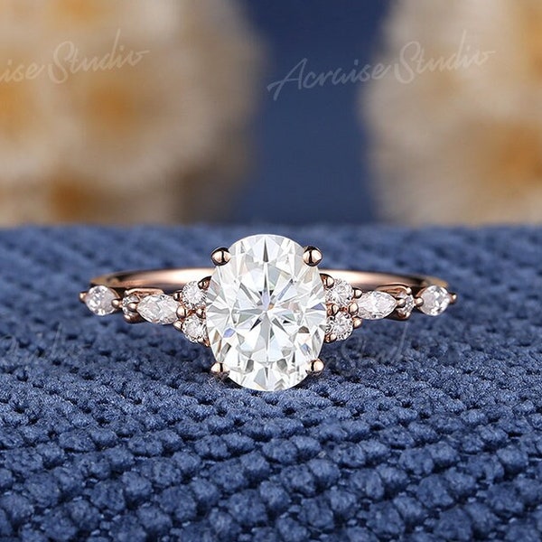 Oval Moissanite Engagement Ring Unique Rose Gold Engagement Ring Vintage Diamond Cluster Wedding Ring Women Bridal Promise Anniversary gift