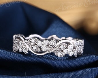 Mujeres de la alianza de bodas de hoja de oro blanco de 14k, regalo de aniversario de anillo de hoja, anillo de apilamiento de hojas, banda floral de enredaderas, regalo de anillo inspirado en la naturaleza para ella