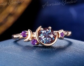 Vintage Alexandrite Engagement Ring Sailor Moon Inspired Design Wedding Ring Rose Gold Galaxy Star Bridal Ring Anniversary Rings For Women