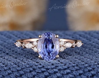 Oval Cut Cornflower Sapphire Engagement Ring 14K Rose Gold Rings For Women Moissanite Wedding Ring Blue Gemstone Statement Ring Bridal Set