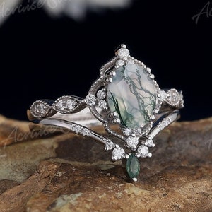 Conjunto de anéis de noivado de ágata musgo oval, conjunto de anéis de casamento de moissanita de ouro maciço para mulheres, joias de ágata musgo verde, presentes personalizados para a mãe
