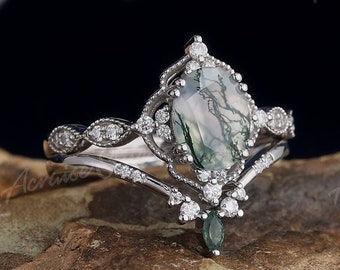 Oval Moss Agate Engagement Ring Set Solid Gold Moissanite Wedding Ring Set For Women Green Moss Agate Jewelry Personalized Gifts For Mom