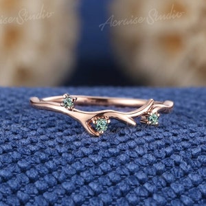Unique Green Sapphire Wedding Band Rose Gold Nature Inspired Twig Branch Ring Nature Inspired Stacking Matching Band Rings For Women Gift