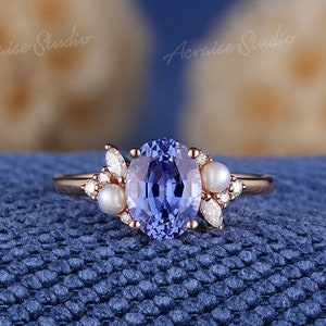 Oval Cornflower Sapphire Engagement Ring Vintage Moissanite Wedding Ring 14k Gold Rings For Women Pearl Promise Anniversary Gift Bridal Ring