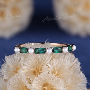 Vintage Emerald Wedding Band Baguette Cut Emerald And Pearl Wedding Ring Rose Gold Half Eternity Band Promise Anniversary Women Gift For her