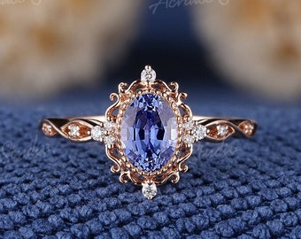 Unique Sapphire Engagement Ring Oval Sahped Cornflower Sapphire Wedding Ring Rose Gold Vintage Diamond Halo Ring Women Bridal Promise gift