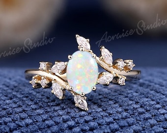 Unique Opal Engagement Ring Gold Leaf Ring Natural Opal Leaf