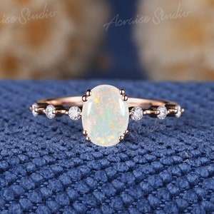 Bague de fiançailles en opale naturelle de forme ovale, bijoux en opale de feu en or rose, anneaux de mariage en opale blanche, bague de promesse pour femme, cadeau de mariée en grappe de diamants