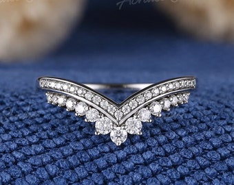 Vintage Moissanite Ring White Gold V Shaped Moissanite Wedding Band Chevron Ring Handmade Stacking Matching Band Anniversary  Bridal Ring