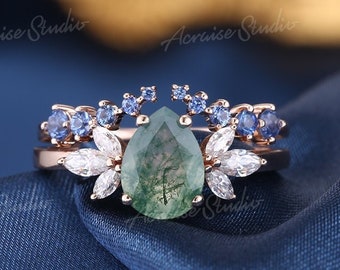 Art Deco Moss Agate Engagement Ring Set Moissanite Clsuter Wedding Rings For Women Natural Sapphire Curved Wedding Band Moss Agate Jewelry
