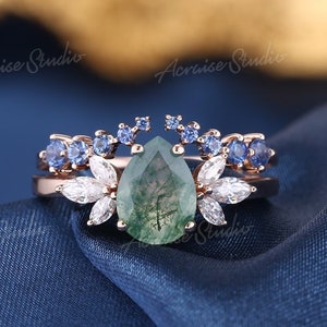 Unique Natural Moss Agate Engagement Ring Set Rose Gold Pear green Agate Wedding Ring Sapphire Curved wedding band Custom Rings For Women
