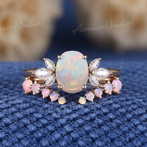 Vintage Natural Opal Engagement Ring Set Opal Wedding Ring Set Rose Gold Open Curved Wedding Band Unique Anniversary Promise Rings For Women