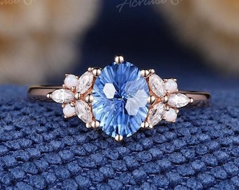 Vintage Oval Feuerwerk Cut Kornblumen Saphir Verlobungsring Rosegold Saphir Ehering Marquise Diamant Jahrestag Ringe für Frauen