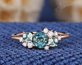 Vintage Teal Sapphire Engegement Ring Women Rose Gold Blue Green Sapphire Wedding Ring Moissanite Cluster Birthstone Ring Anniversary Gift