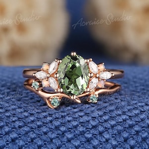 Vintage Olive Green Sapphire Engagement Ring Set Rose Gold Diamond Cluster Wedding Ring Sapphire Branch Wedding Band Promise Rings For Women