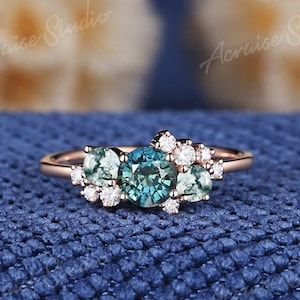 Vintage Teal Sapphire Engegement Ring Women Rose Gold Blue Green Sapphire Wedding Ring Moissanite Cluster Birthstone Ring Anniversary Gift