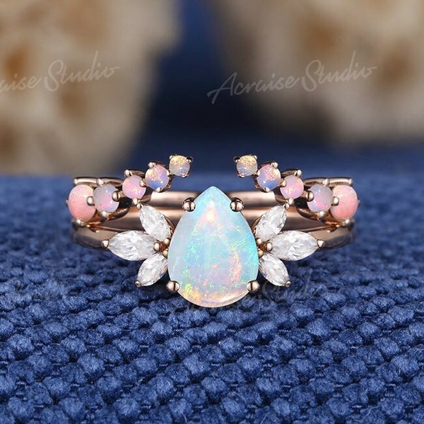 Vintage Pear Shaped Opal Engagement Ring Set Curved Rose Gold Opal Wedding Band Unique Moissanite Ring Anniversary Promise Ring Bridal Set