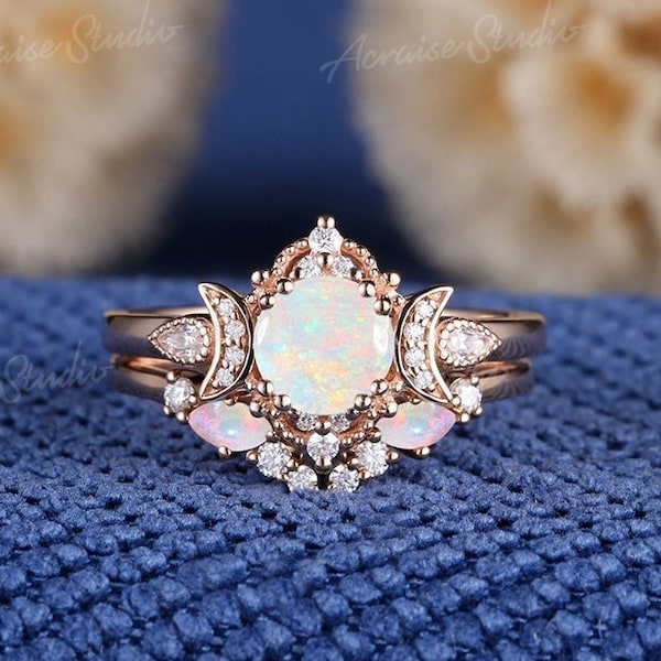 Unique Natural Opal Engagement Ring Set Rose Gold Vintage Round Opal Wedding Ring Unique White opal Curved Wedding Band Rings For Women