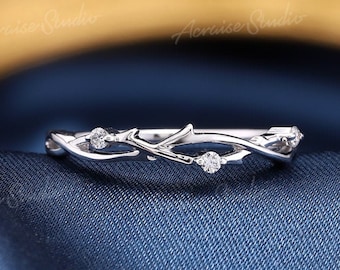 Twisted wedding band women White gold Twig wedding band Floral wedding bands Diamond Vine wedding ring Women Branch band stacking band Gift