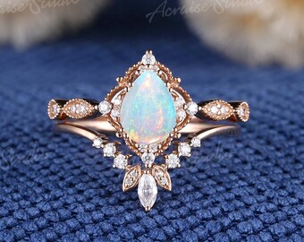 Unique Opal Engagement Ring Set Rose Gold Opal Promise Ring Bridal