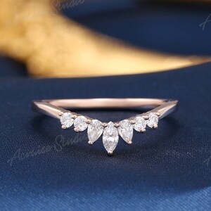 Curved Wedding Band Moissanite women unique matching Stacking bridal promise gift Solid Rose gold vintage Marquise cut Diamond wedding band